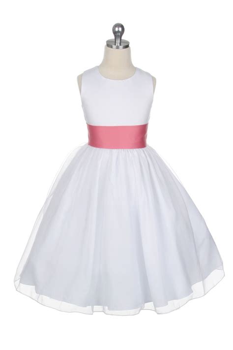 Satin Bodice Organza Skirt Flower Girl Dress With Coral Sash White Flower Girl Dresses Flower