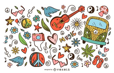 Hippie Doodle Conjunto De Iconos Descargar Vector