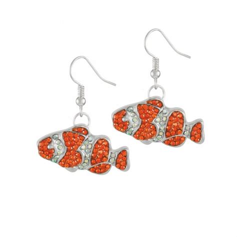 Clown Fish Orange Crystal Silver Tone Drop Pierced Earrings