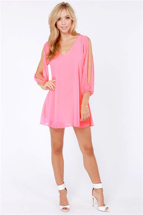 Pretty Neon Coral Dress Shift Dress Cold Shoulder Dress 44 00 Lulus