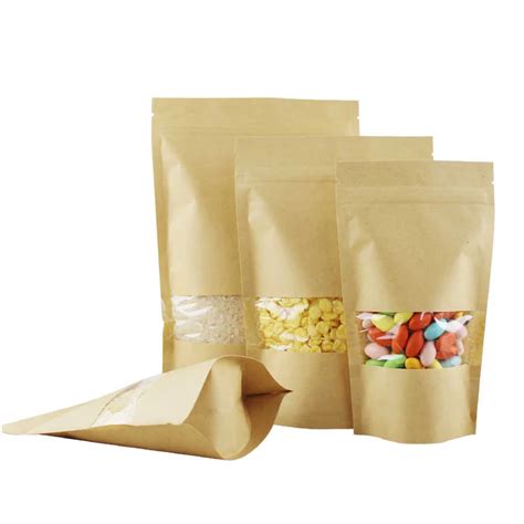 Food Brown Stand Up Kraft Paper Zip Bags With Matte Windowreclosable