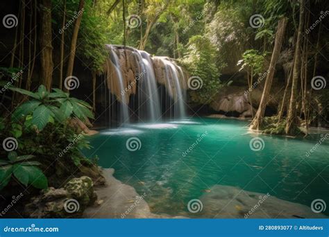 Majestic Waterfall Cascading Into Pool Of Crystal Clear Water Stock