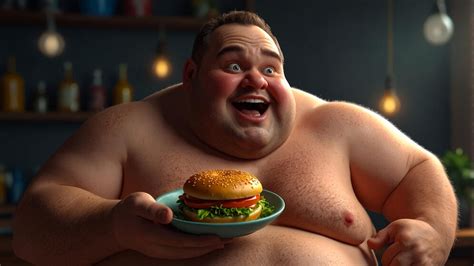 Premium Photo Fat Man Eat Burger Shirtless In Kitchen Generated By Ai