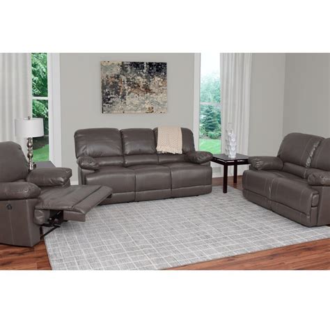 Corliving Lea 3 Piece Brownish Grey Bonded Leather Power Recliner Sofa And Chair Set With Usb