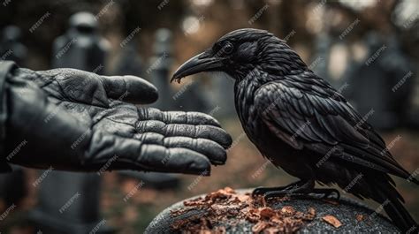 Premium AI Image | Crow sitting on a grave and reaching for a human hand