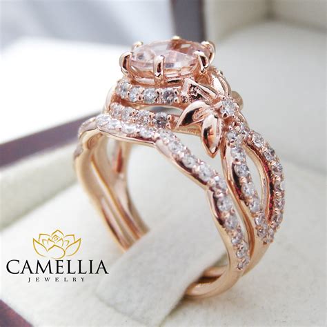 Rose Gold Diamond Bridal Ring Set Unique Morganite Bridal Ring Etsy