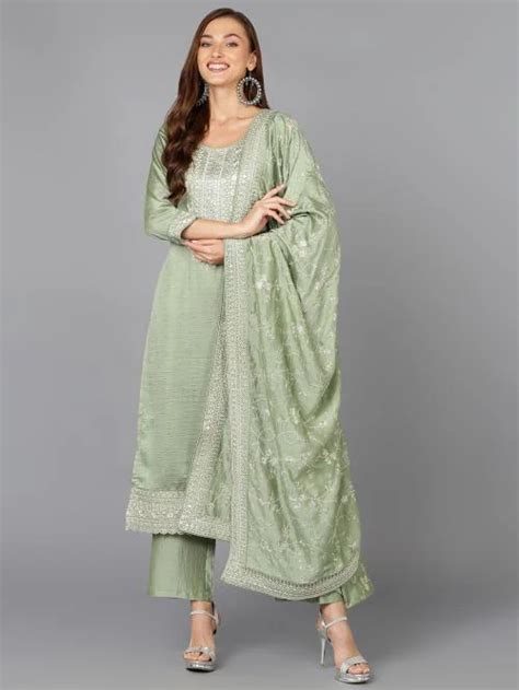 Buy Vaamsi Women S Silk Blend Sage Green Embroidered Party Wear Suit