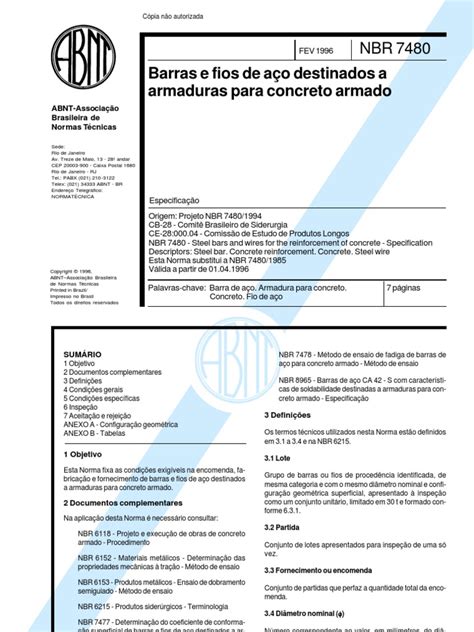 PDF NBR 07480 1996 Barras e Fios de Aço para Armaduras para