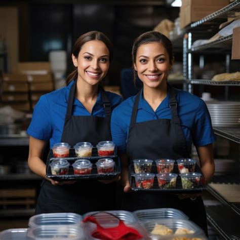 Premium Photo Two Women In Aprons Holding Trays Of Food