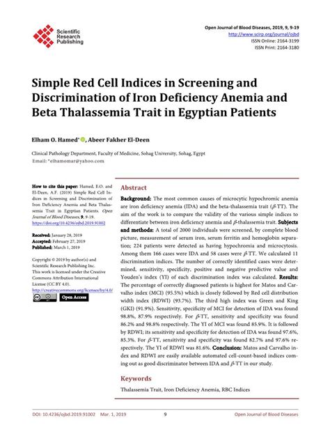 Simple Red Cell Indices In Screening And Discrimination Of Iron