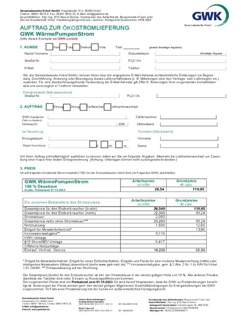 Ausf Llbar Online Auftrag Zur Stromlieferung Gwk Komfort Strom Fax