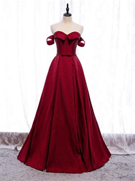 Burgundy Satin Off The Shoulder Beading Prom Dress