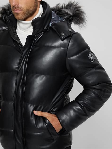 Faux-Leather Hooded Puffer Jacket | GUESS Factory