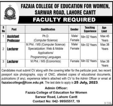 Fazaia College Of Education For Women Lahore Cantt Jobs 2023