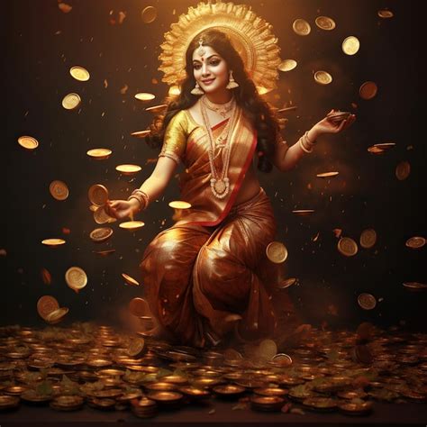 Premium AI Image | illustration of Laxmi Mata With Pot of Gold Coins falling from