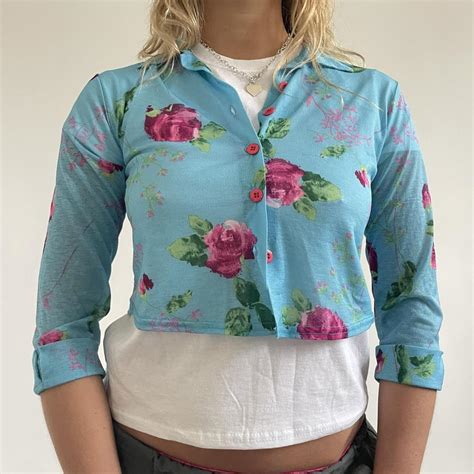 Blue And Pink Floral Mesh Cropped Cardigan Shirt Depop