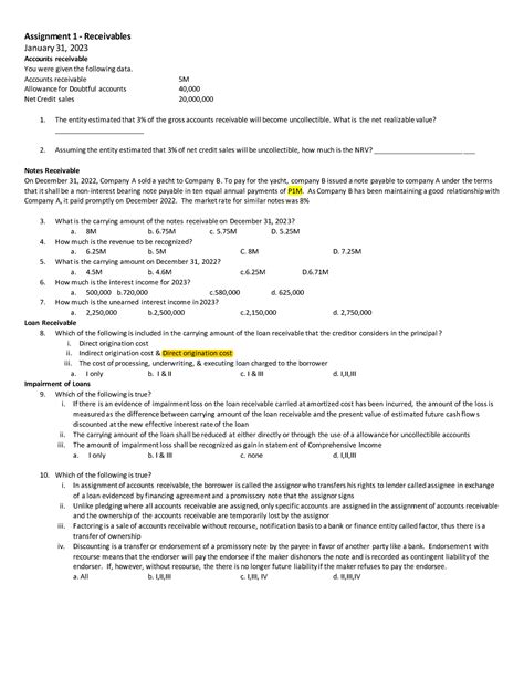 Assignment 1 Receivables Assignment 1 Receivables January 31 2023 Accounts Receivable You