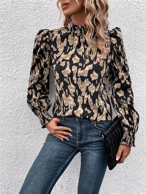 Coffee Brown Bishop Sleeve Blouse With Allover Print