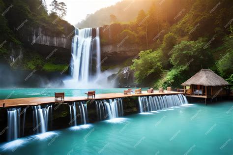 Premium Ai Image A Waterfall In Front Of A Waterfall With A Pool And