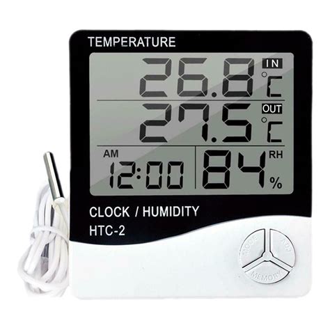 Htc 2 Digital Lcd Temperature Humidity Meter Indoor Outdoor Room Thermometer Clock Hygrometer