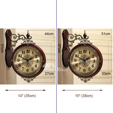 Hanging Double Sided Wall Clock Brown White Living Room Metal Wooden