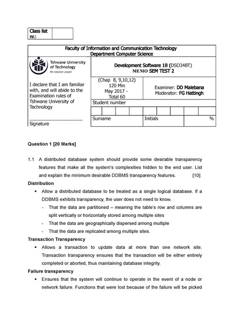 DSO34BT Semester Test 2 Memo DSO34BT TUT StuDocu