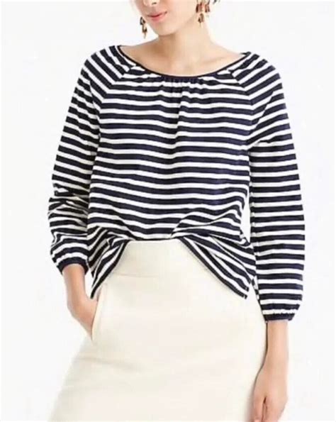 J Crew Striped Long Sleeve Peasant Top Navy Blue White Xsmall Ebay