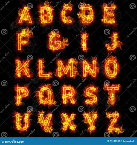 Fire Font Text All Letters Of Alphabet On Black Background Stock