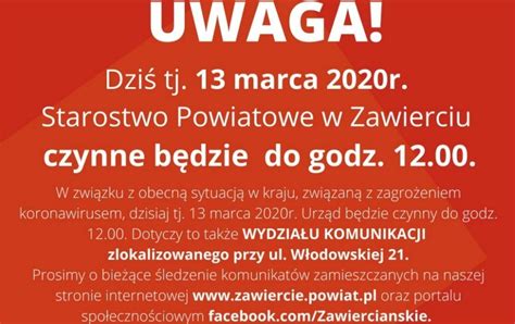 Uwaga Urz D Czynny Dzi Do Godz Starostwo Powiatowe W Zawierciu