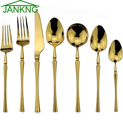 JANKNG 18 10 Stainless Steel Silverware Pure Gold European Dinnerware