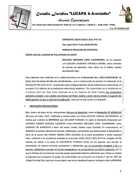 Apelacion De Sentencia Aumento De Alimentos Rolando Lopez Valderrama Pdf Debido Al