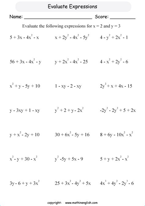 Evaluating Algebraic Expressions Worksheet Evaluating Expressions