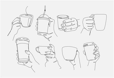 set of drawing of hands holding coffee in continuous one line drawing ...