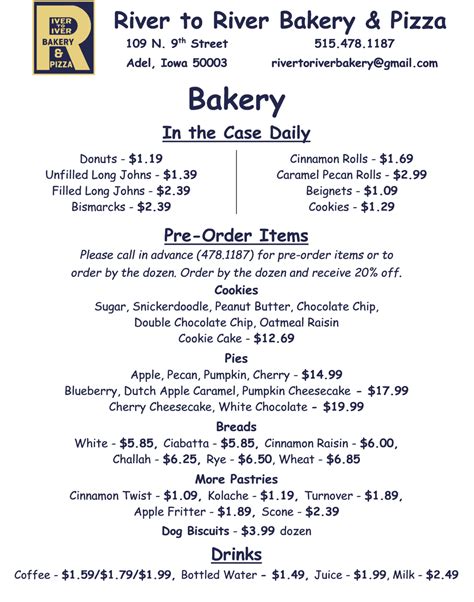 River to River Bakery menu – Raccoon Forks Microbusinesses