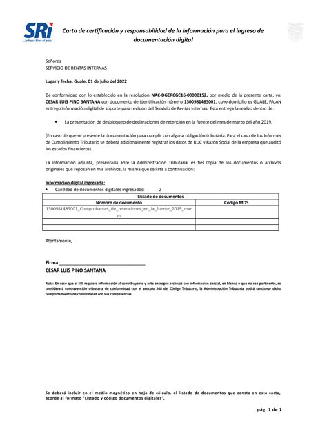 Carta De Certificaci N Y Responsabilidad De La Informaci N Para El