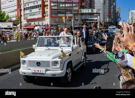 Pope Francis In His Popemobile Greeted By Pilgrims As He Is Arriving