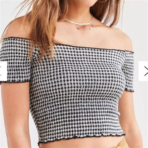 Ecote Tops Ecote Smocked Ruffle Cropped Gingham Bardot Top In Black