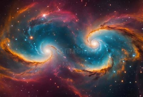 Two Spiral Shaped Nebulas In A Space Filled With Stars Stock