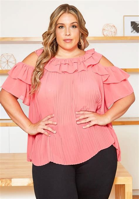 Asoph Plus Size Ruffle Trim Cold Shoulder Pleated Blouse Asoph