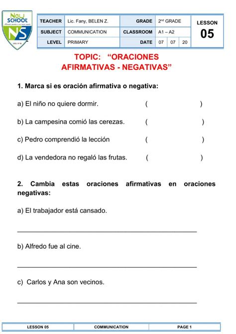 Oraciones Afirmativas Y Negativas Para Segundo De Primaria Fichas En