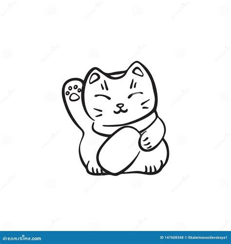 Hand Drawn Maneki Neko Cute Cat. Vector Black Ink Drawing Isolated on ...