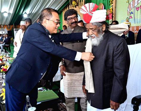 Jmm Chief Shibu Soren Being Felicitate During A Programme Organised To