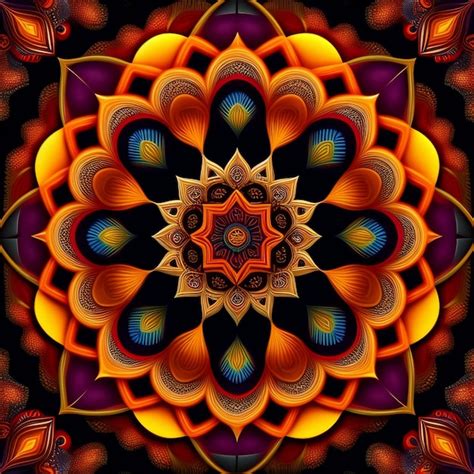 Un mandala colorido con un fondo negro y un círculo rojo en el centro