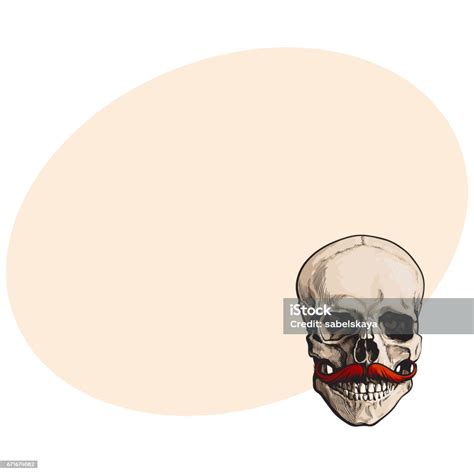 Hand Drawn Human Skull With Curled Upward Hipster Red Moustache Stock