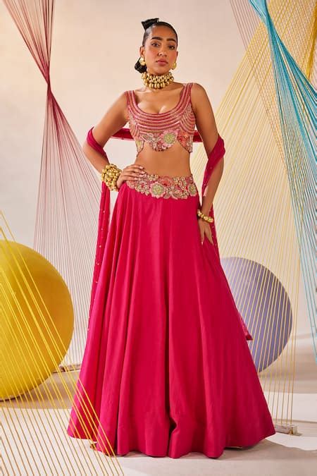 Buy Pink Lehenga And Blouse Raw Silk Hand Embroidered Resham Round Set