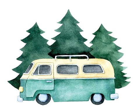 watercolor drawing on the theme of road trip, camping, travel. cute car ...