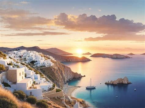 Premium AI Image | Golden Hour Magic Sunset View Above Milos Island Greece