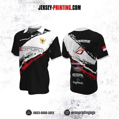 Jersey Gaming Esports Kerah Polo Hitam Brush Putih Merah Jersey