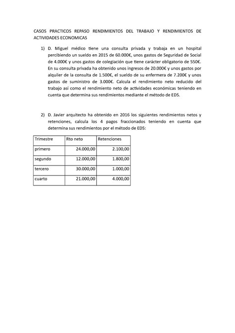 Casos Prácticos Repaso Rendimientos DEL Trabajo Y Rendimientos DE