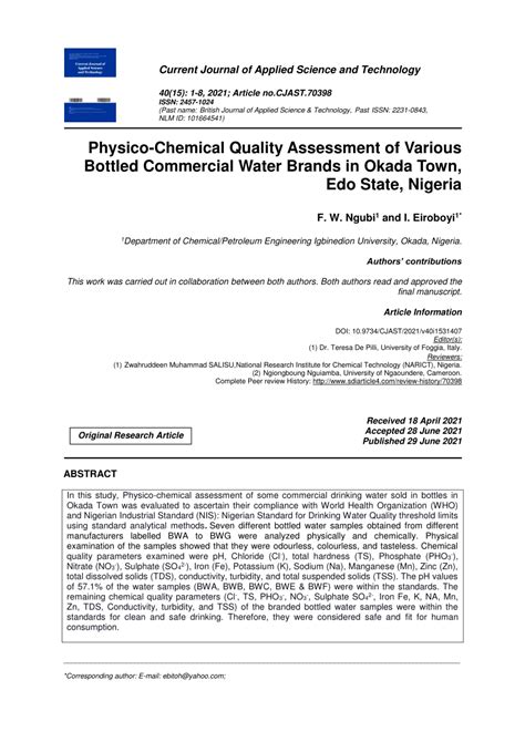 Pdf Physico Chemical Quality Assessment Of Various Bottled Commercial